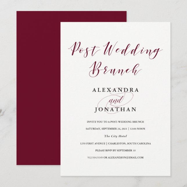 Invitation Élégante typographie | Marsala Post Mariage Brunch (Devant / Derrière)