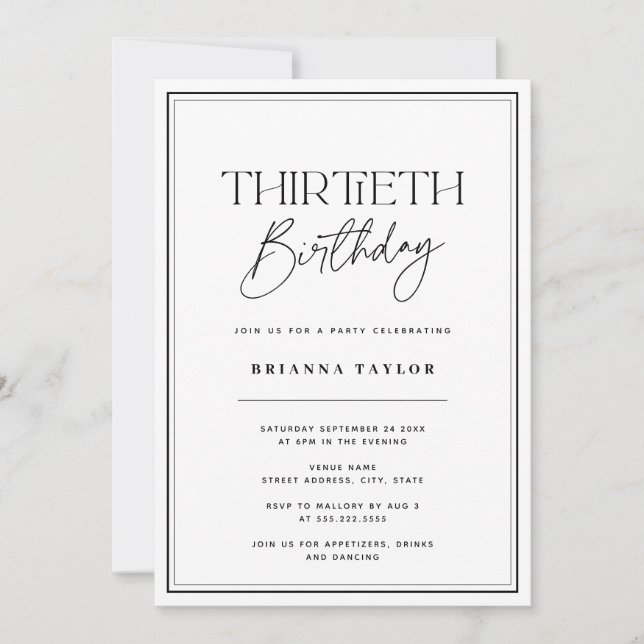 Invitation Élégante typographie noir et blanc 30e anniversair (Devant)
