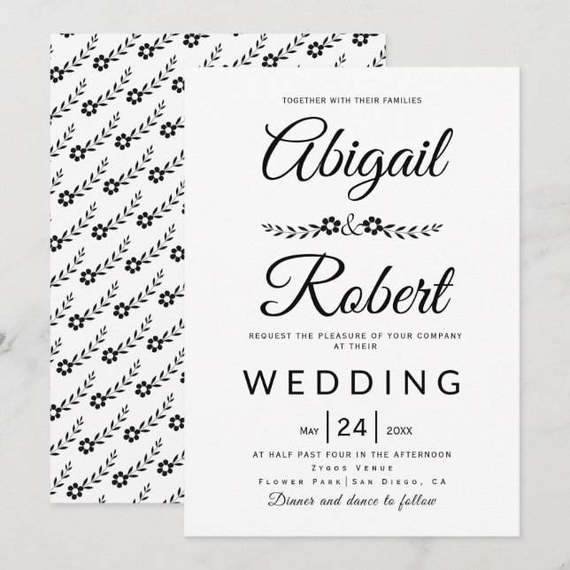 Invitation Élégante typographie noir fleurs blanches mariage (Devant / Derrière)