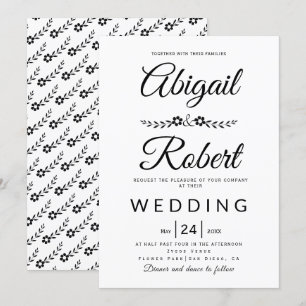 Invitation Élégante typographie noir fleurs blanches mariage