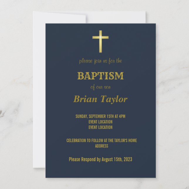 Invitation Élégante typographie or Croix Baptême sur bleu mar (Devant)