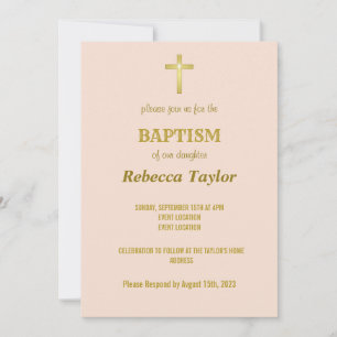 Invitation Élégante Typographie Or Croix Baptême sur Vanille
