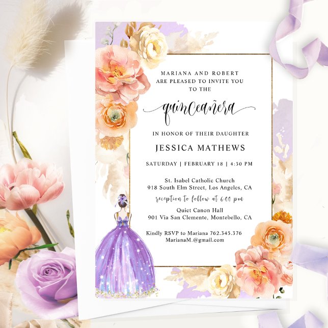 Invitation Élégante, unique violet princesse florale Quinceañ (Créateur téléchargé)