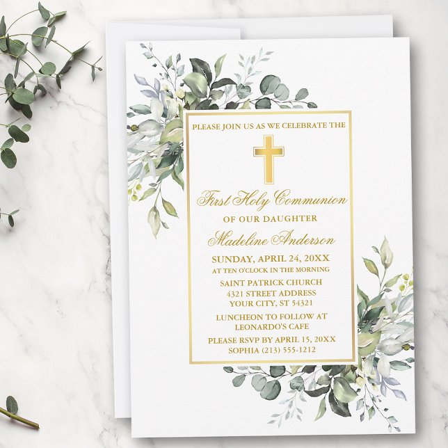 Invitation Élégante végétation botanique Or de la Communion (Customize to change text color, size, style or to add photos or more text to back of card.)
