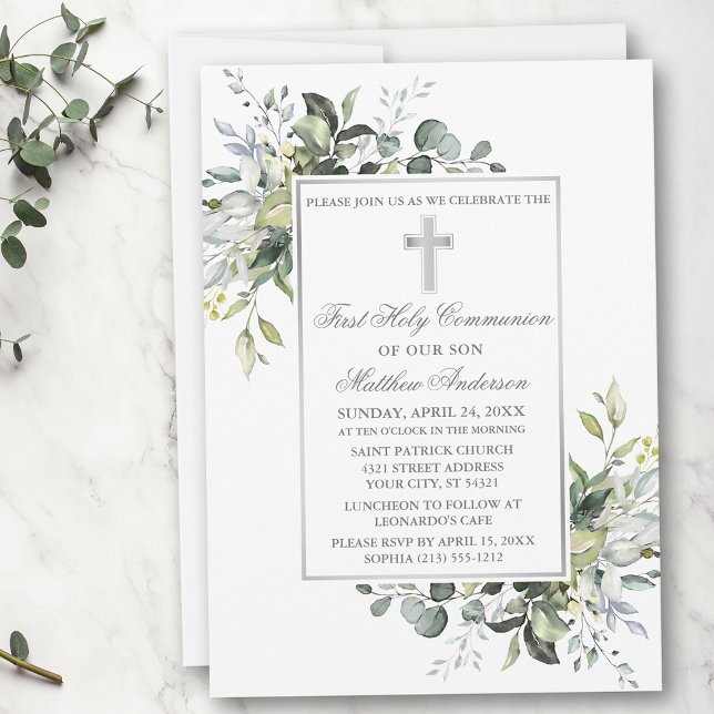 Invitation Élégante végétation botanique Sainte Communion Arg (Customize to change text color, size, style or to add photos or more text to back of card.)