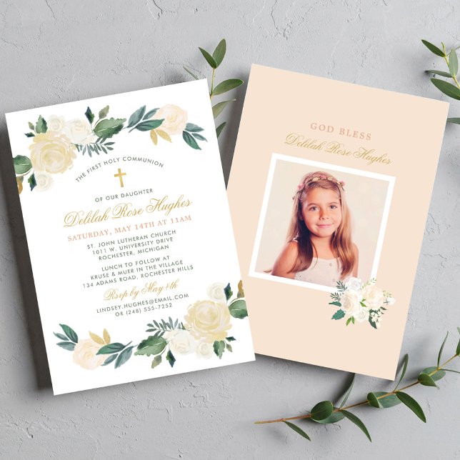 Invitation Élégante végétation fleurie Première communion de  (Créateur téléchargé)