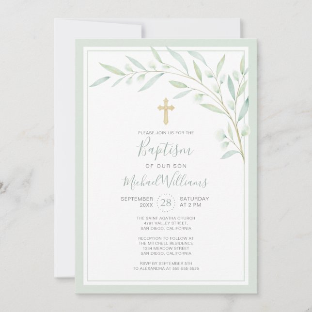 Invitation Elégante verdure Aquarelle Sexe Baptême neutre (Devant)