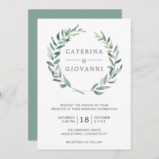 Invitation Elégante verdure Aquarelle Wreath Mariage rustique (Devant / Derrière)