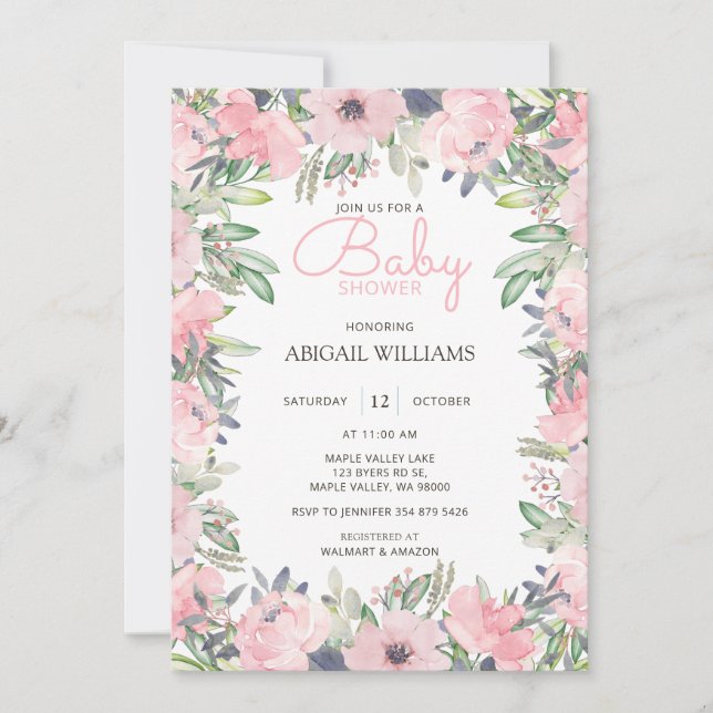 Invitation Élégante verdure Baby shower floral rose (Devant)