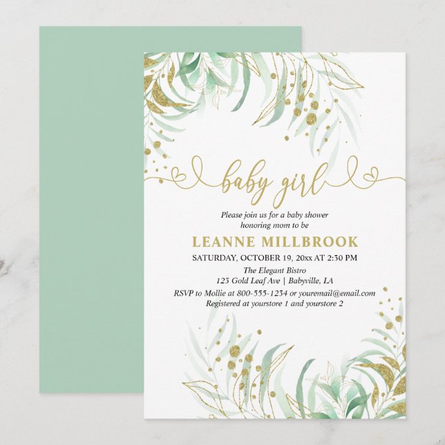 Invitation Elégante verdure Baby shower vert et or fille (Devant / Derrière)
