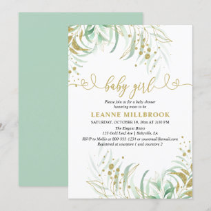 Invitation Elégante verdure Baby shower vert et or fille