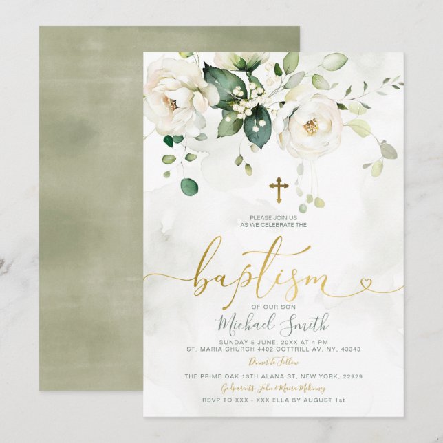 Invitation Élégante verdure Blanc Floral Croix Or Baptême (Devant / Derrière)