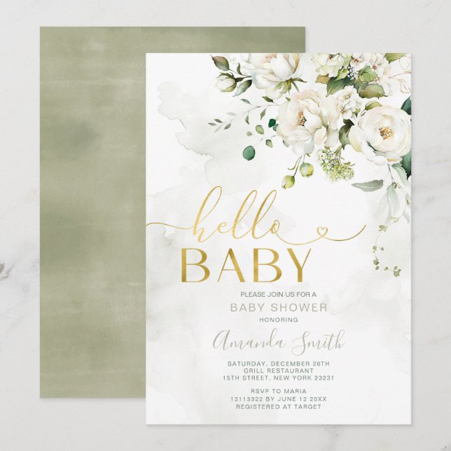 Invitation Elégante verdure Blanc Floral Or Bonjour bébé (Devant / Derrière)