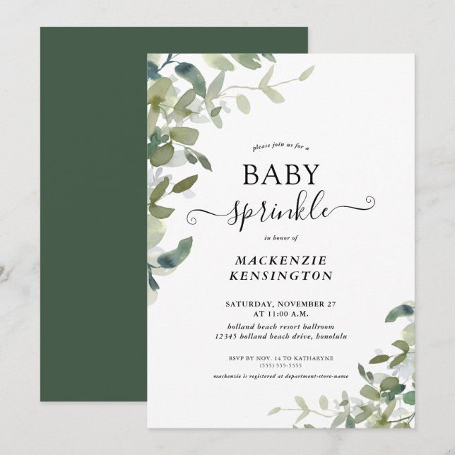Invitation Élégante verdure Botanique Baby Sprinkle (Devant / Derrière)