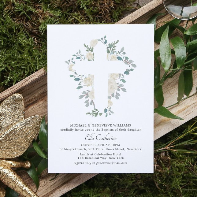 Invitation Élégante verdure Croix botanique florale Baptême (Créateur téléchargé)