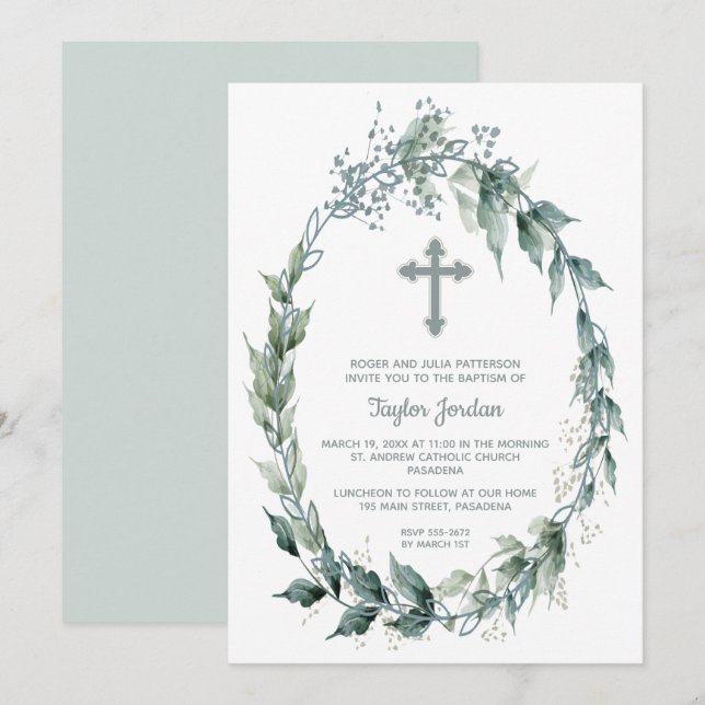 Invitation Élégante verdure de la Croix Wreath Baptême (Devant / Derrière)
