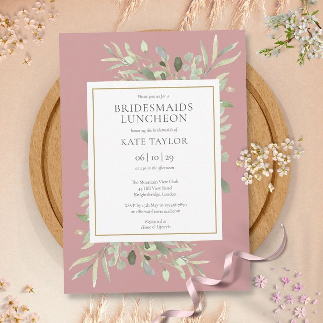 Invitation Élégante verdure Dusty Rose Bridesmaids Déjeuner (Elegant Greenery Dusty Rose Bridesmaids Luncheon Invitation)