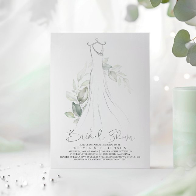 Invitation Élégante verdure et Fête des mariées de robe Maria (Silver Greenery Dress Bridal Shower Invitations)