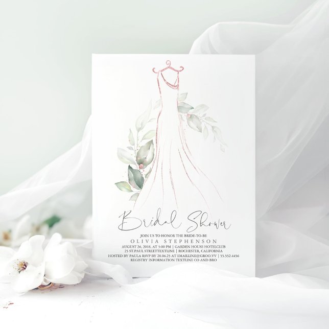 Invitation Elégante verdure et Mariage Fête des mariées de ro (Rose Gold Dress and Greenery Bridal Shower Invitations)