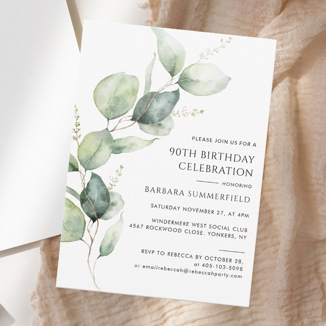 Invitation Elégante verdure Eucalyptus 90e anniversaire (Elegant Greenery Eucalyptus 90th Birthday Invitation)