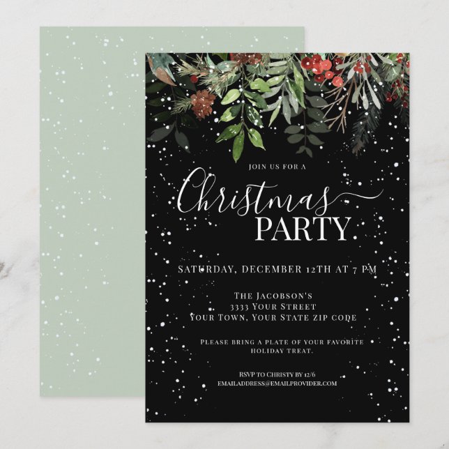 Invitation Élégante verdure Fête de Noël Floral (Devant / Derrière)