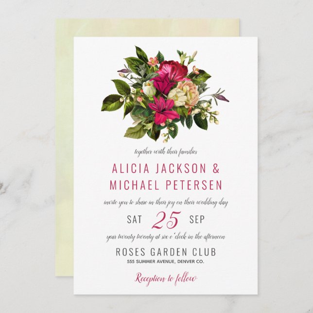 Invitation Elégante verdure fleurie rustique aquarelle mariag (Devant / Derrière)