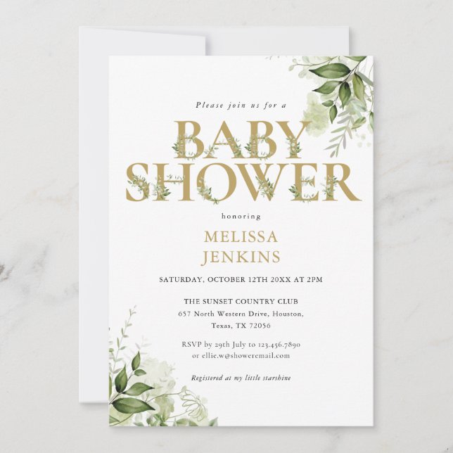 Invitation Élégante verdure Foliage Gold Lettre Baby shower (Devant)