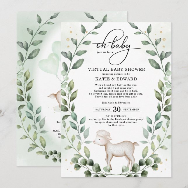 Invitation Elégante verdure Gold Baby Lamb Douche virtuelle (Devant / Derrière)