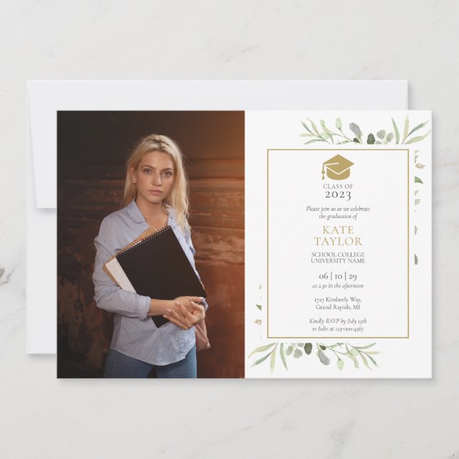 Invitation Élégante verdure Gold Casquette de la fête de grad (Devant)