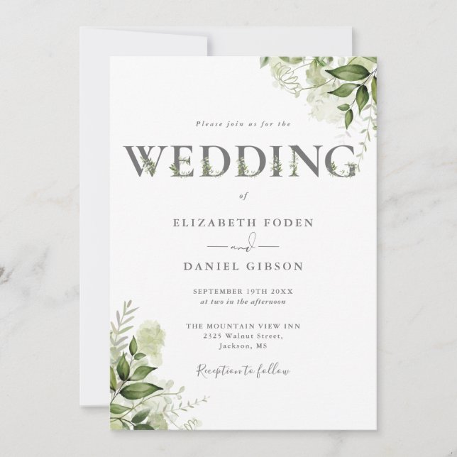 Invitation Élégante verdure Mariage de typographie florale (Devant)