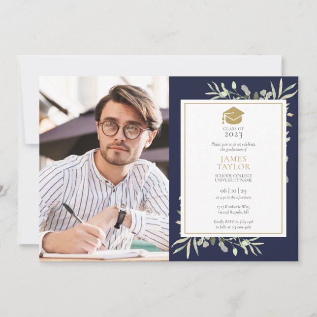 Invitation Élégante verdure Marine Blue Graduation Party Phot (Devant)