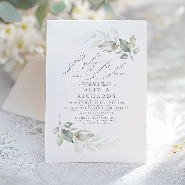 Invitation Élégante verdure mignonne bébé dans le Baby shower (Greenery and Gold Baby Shower Invitation)