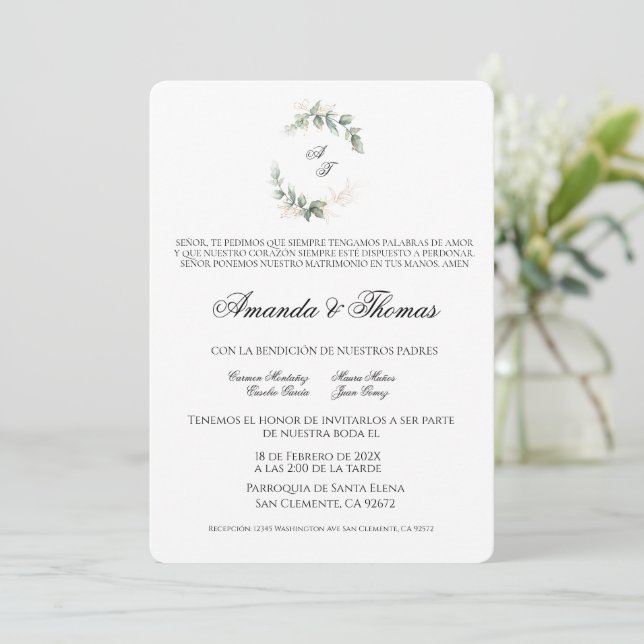Invitation Elégante verdure minimaliste mariage espagnol (Debout devant)