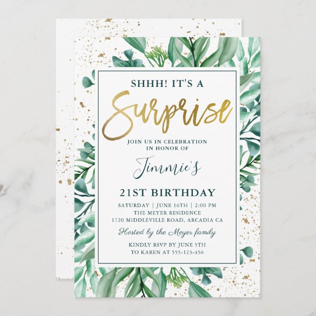 Invitation Elégante verdure Parties scintillant or Surprise A (Devant / Derrière)