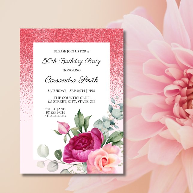 Invitation Elégante verdure Rose Floral Parties scintillant r (Créateur téléchargé)