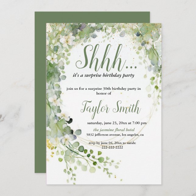 Invitation élégante verte pour une fête surprise f (Devant / Derrière)