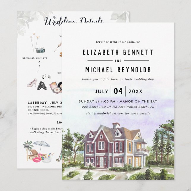 Invitation Élégante villa manoir | Fin de semaine Mariage ill (Devant / Derrière)