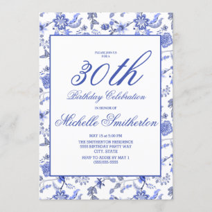 Invitation Elégante Vintage Bleu Floral 30e Anniversaire Femm