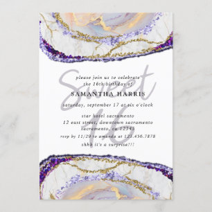 Invitation Elégante Violet Et Marbre Or 16ème fête d'annivers