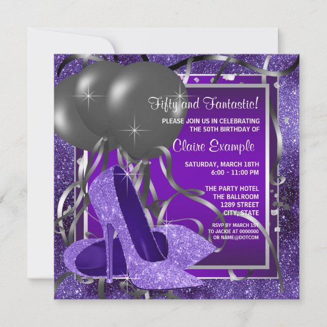 Invitation Élégante Violet Haut talons femmes fête d'annivers (Devant)