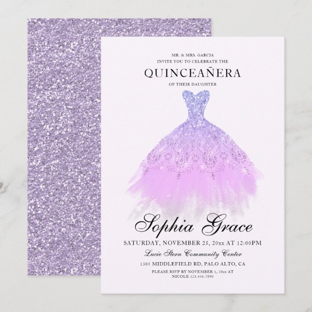 Invitation Elégante Violet violet Parties scintillant Quincea (Devant / Derrière)