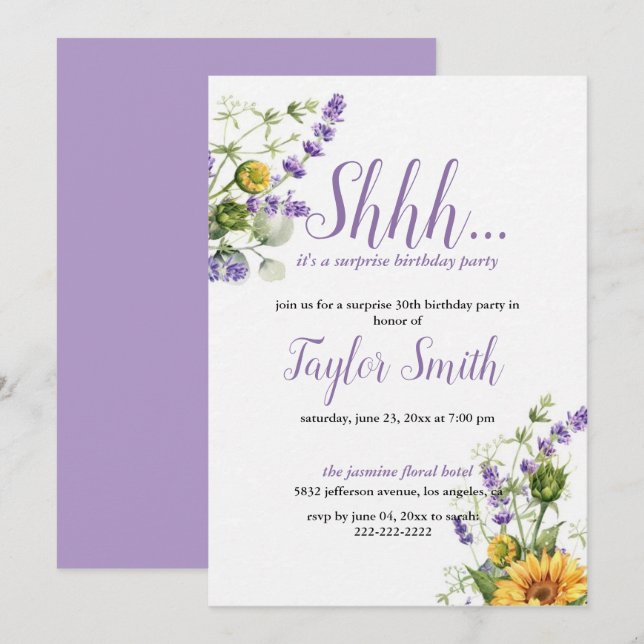 Invitation élégante violette pour une fête surpris (Devant / Derrière)