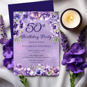 Invitation Élégante Violette violette Florale 50e fête d'anni