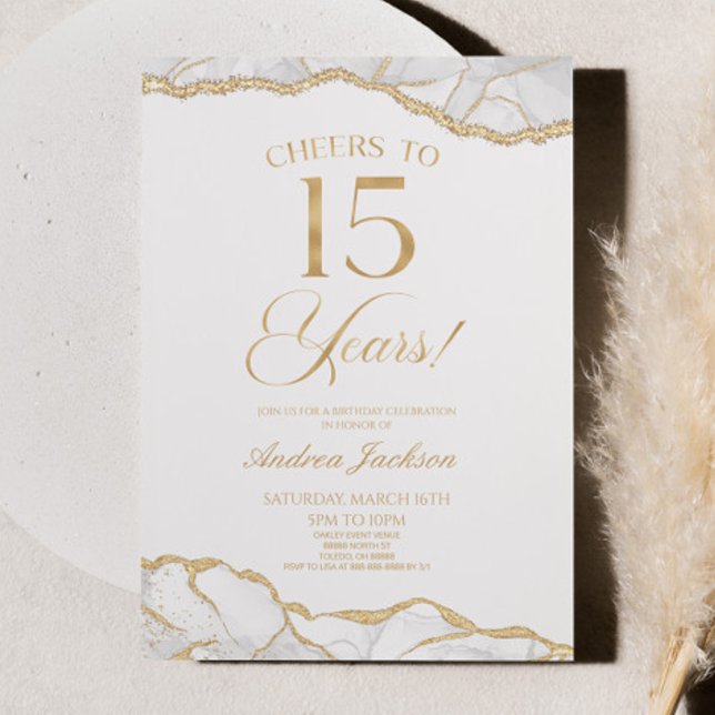 Invitation Elégante White Gold Agate 15e fête d'anniversaire (Créateur téléchargé)