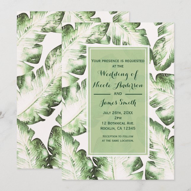 Invitation Elégante White Green Tropical Beach Feuille Mariag (Devant / Derrière)