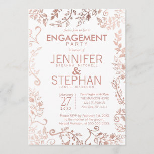 Invitation Elégante White Rose Gold Floral Engagement Party