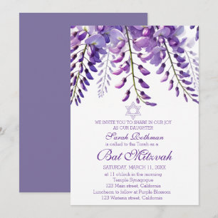 Invitation Élégante Wisteria Florale Violette Bat Mitzvah