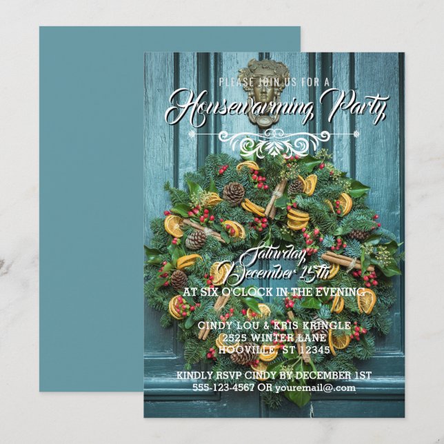 Invitation Elégante Wreath Winter Holiday House Party (Devant / Derrière)