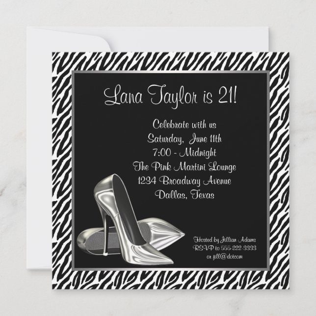 Invitation Elégante Zebra High Heel fête d'anniversaire (Devant)