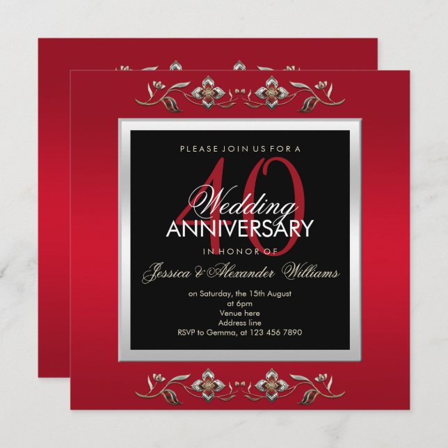Invitation Elegantes Bijoux Rubis pour les 40 Ans de Mariage (Devant / Derrière)